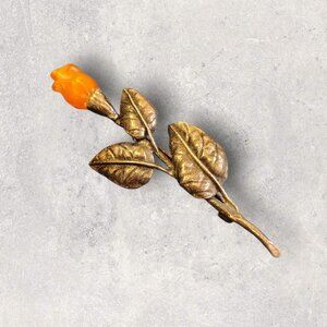 Vintage Sterling Silver Rose Brooch With Amber Colored Flower Accent